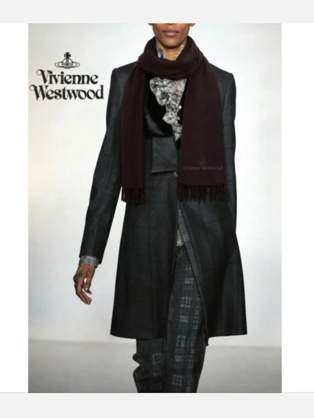 VIVIENNE WESTWOOD LOGO BROWN WOOL BLEND FRINGE SCARF